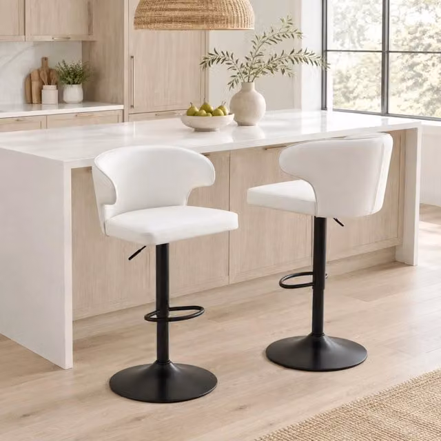Set di 2 sgabelli da bar ULEVR regolabili 85-110 cm, girevoli a 360¡ã, con schienale e poggiapiedi, bianchi in PU