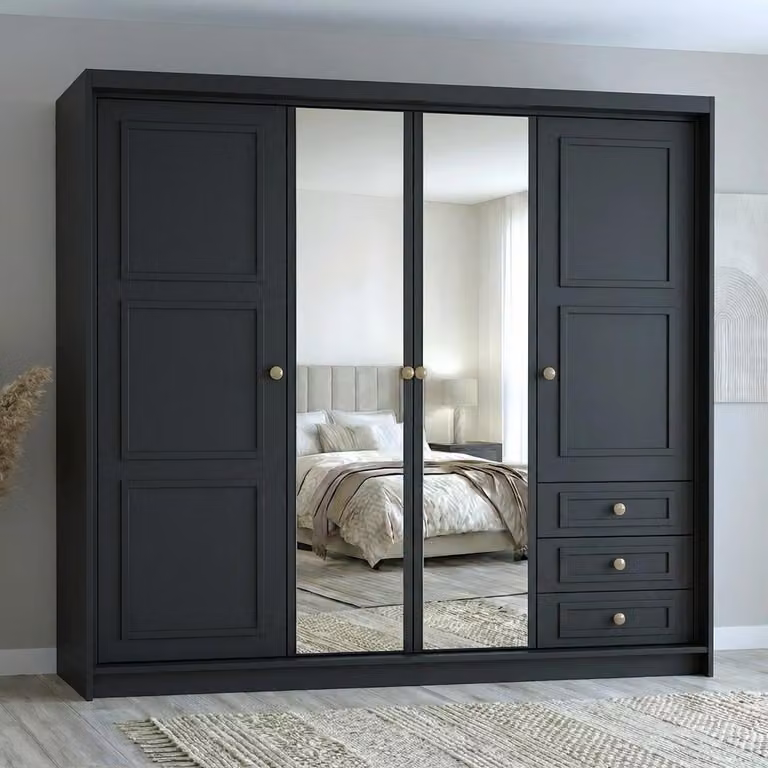 Spazioso armadio a quattro ante OSLO con cassetti e maniglie in metallo – design moderno Colore: nero
