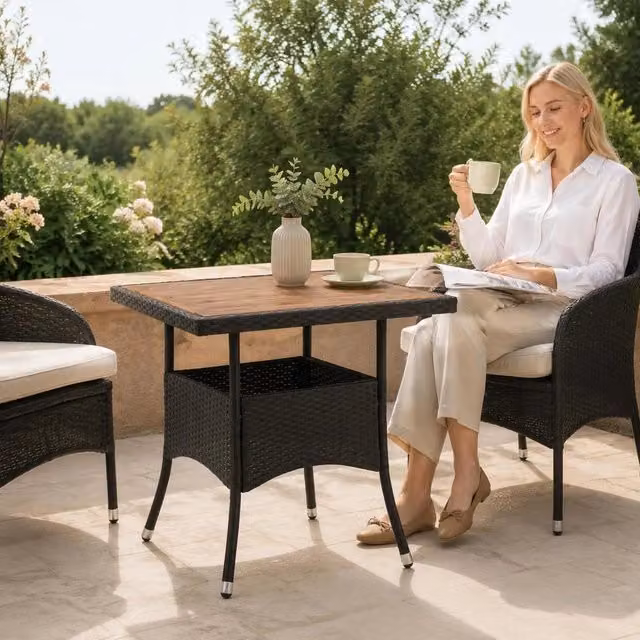Garden Dining Table, Black Poly Rattan And Solid Acacia Wood