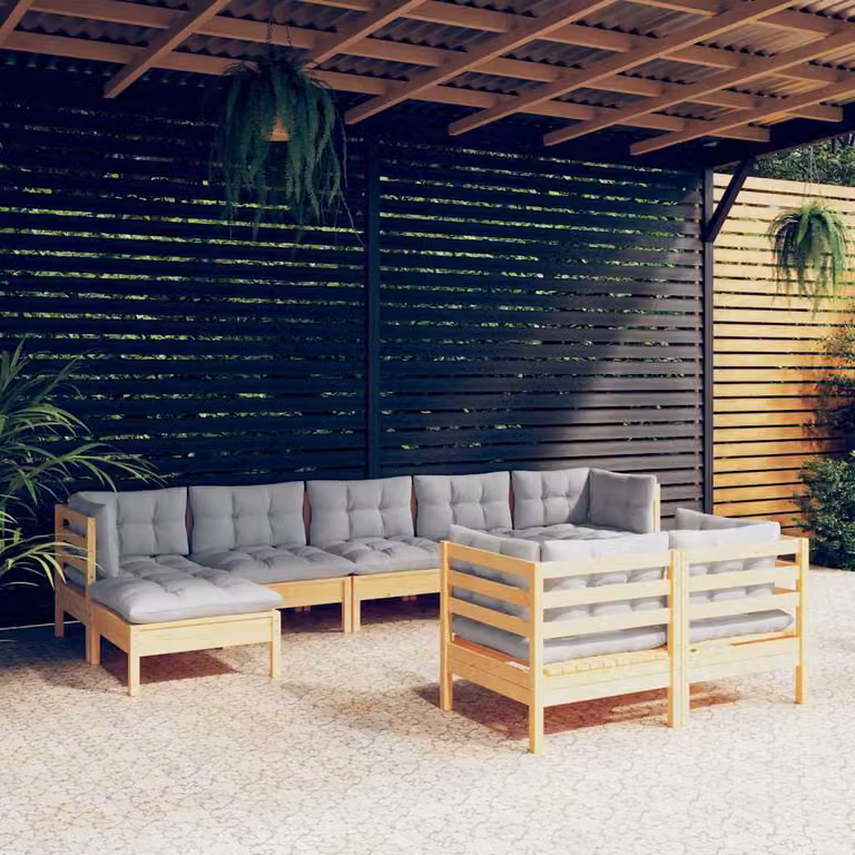 vidaXL Set Divani da Giardino 9 pz in Legno di Pino con Cuscini Grigi Moderni a Forma di L