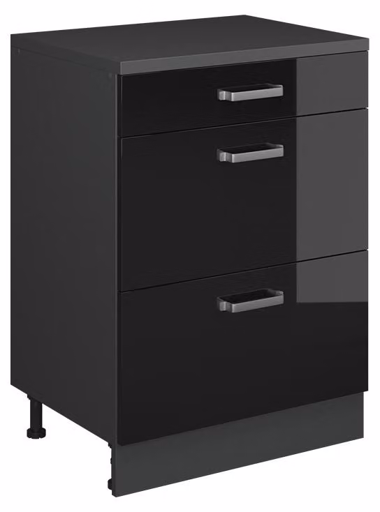 Mobile cucina sottotetto Vicco R-Line Nero lucido 60 cm senza inclinazione con 3 cassetti, Model 61704