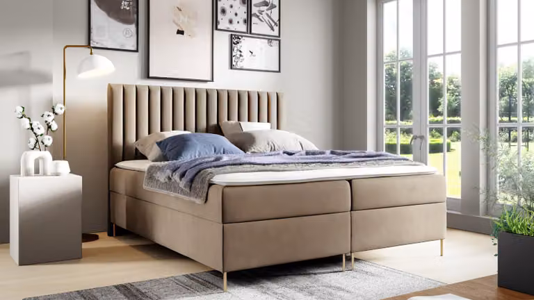 GUTTO letto a molle KARAMELL 120x200 con rete e materasso incorporato + topper Tessuto in velluto beige Velvett gambe dorate