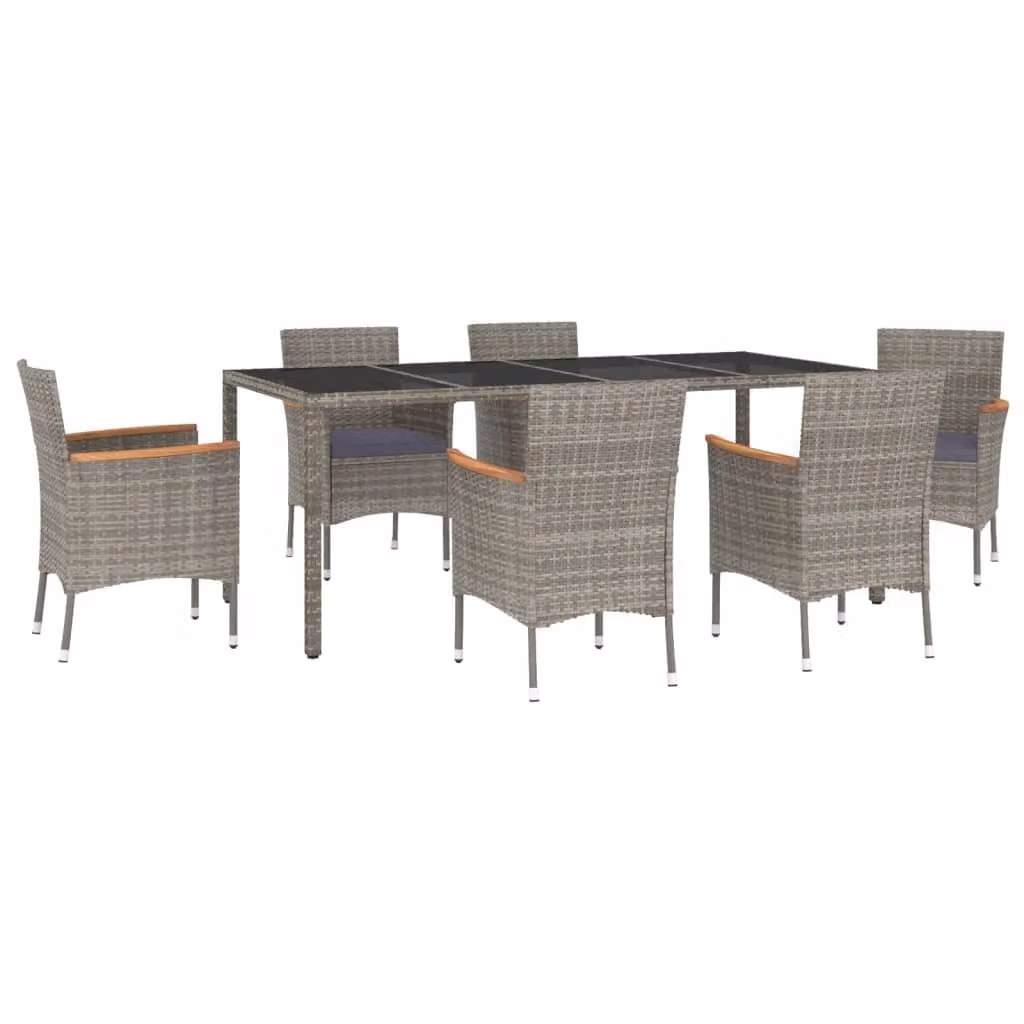 Set da Pranzo da Giardino 7 pz con Cuscini in Polyrattan Grigio
