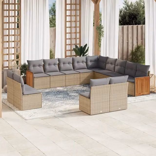 Set Divano da Giardino vidaXL a forma a U in Polyrattan con Cuscini Beige e Grigio e Struttura in Legno di Acacia – 1