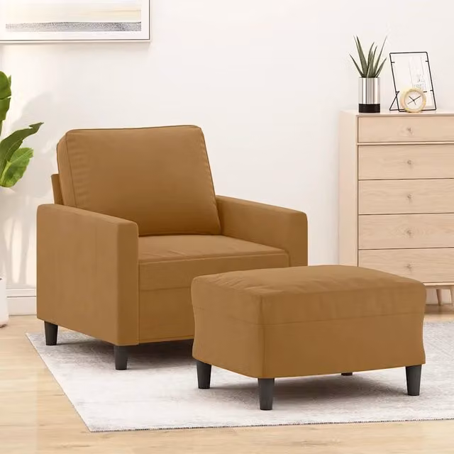 Poltrona Lounge con Poggiapiedi in Velluto Marrone con Braccioli e Struttura in Metallo e MDF