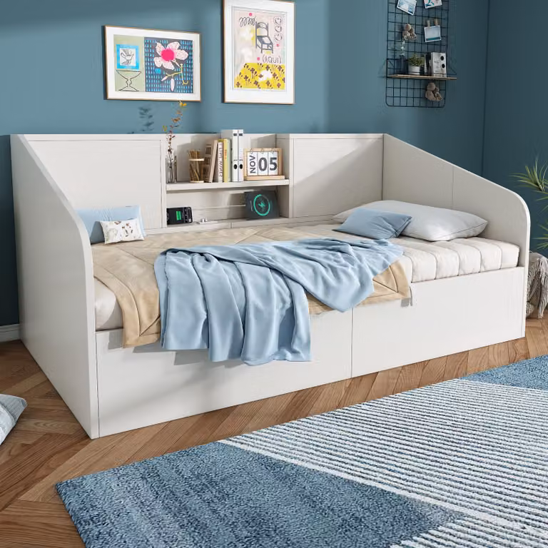 DIVANO LETTO MODFU 90x200, LETTO SINGOLO PER GIOVANI, LETTO IN LEGNO CON 2 CASSETTI E STAZIONE DI RICARICA USB/Type-C, STRUTTURA DEL LETTO CON RETE E PORTE DI RICARICA, CON MATTRESSO, BIANCO
