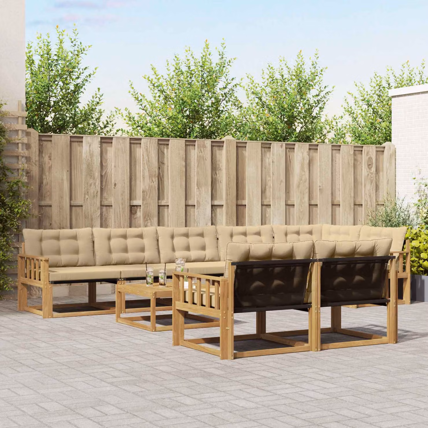 Set di divani da esterno moderno vidaXL in legno di acacia, 9 pezzi, Bianco, Beige e Marrone