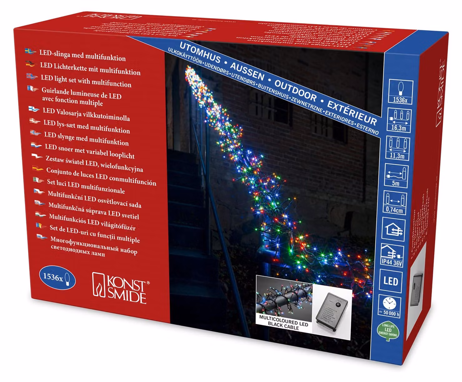 Catena luminosa a LED, 1536 diodi colorati, 8 funzioni, 36V, colore nero