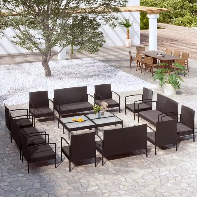 Set di Divani da Giardino vidaXL 16 Pezzi con Cuscini in Polyrattan Nero