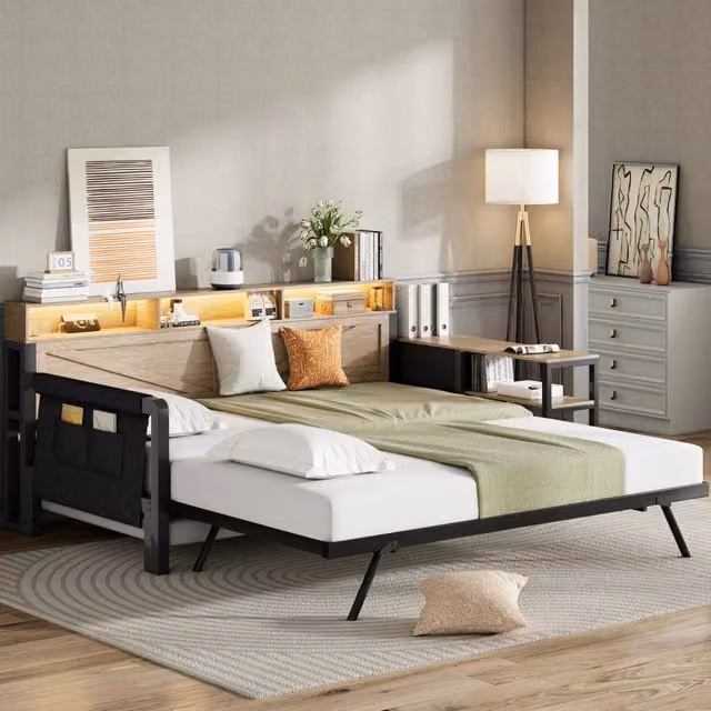 Divano letto in metallo 90x200 nero, letto estraibile regolabile, letto con 3 cassetti, LED e USB