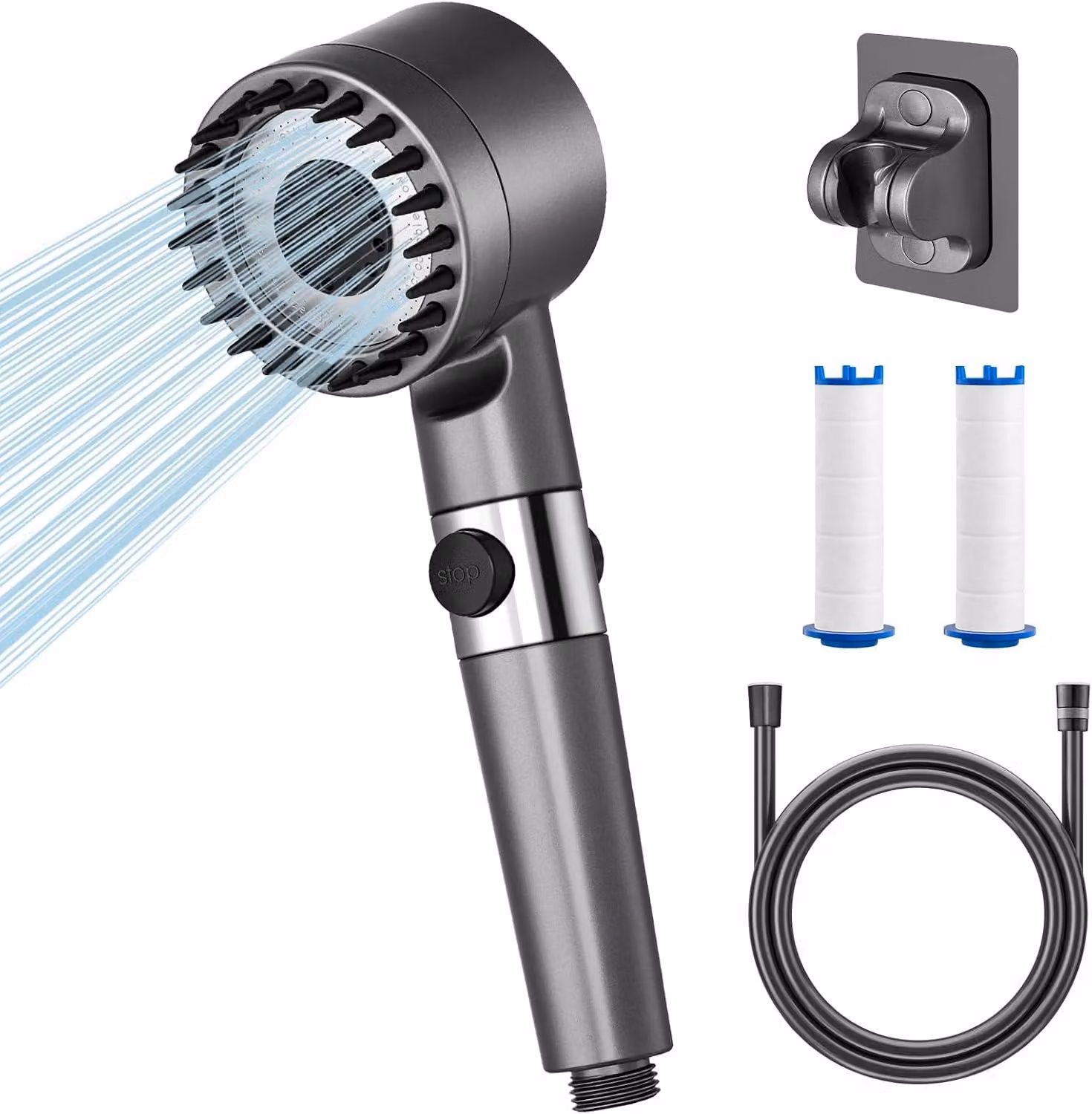 Doccia con filtro - Risparmio idrico - Doccia ad alta pressione con 3 + 1 tipi di getto e tubo flessibile - Rimuove il calcare e il cloro