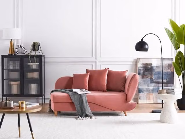 Chaise Longue BELIANI in velluto grigio e rosa con contenitore e funzione letto, stile moderno per soggiorno, lato destro, L: 155 cm, P: 69 cm, H: 76 cm – 1