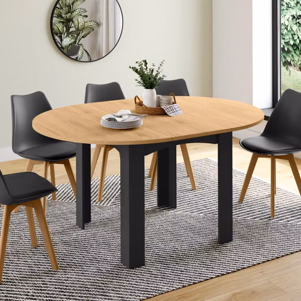 IDMarket Tavolo da pranzo rotondo allungabile DONA per 4-8 persone, piano effetto faggio nero e marrone, stile moderno – 2