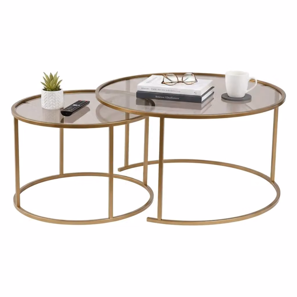 Set di 2 Tavolini da Salotto Aedion DMORA, Design Moderno con Piano in Vetro Trasparente, Colore Oro e Bronzo, L/P/H: 80 x 80 x 43 cm – 2