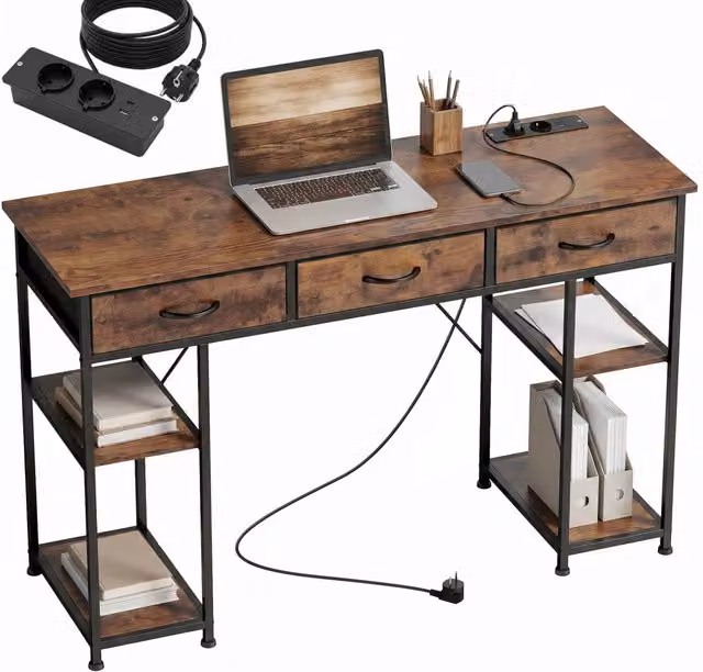 Scrivania per computer marrone con prese e porte USB, 3 cassetti in tessuto e 4 ripiani, 120 x 40 x 76 cm, per casa e ufficio