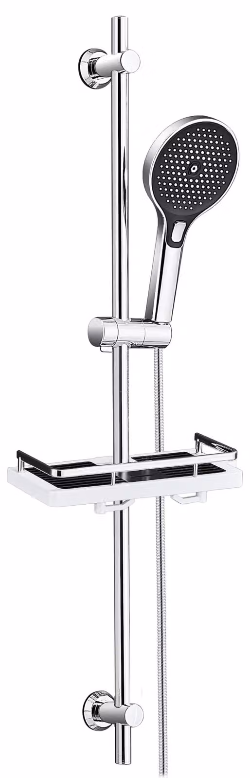 JOHO Asta doccia in acciaio inossidabile da 100 cm con ripiano, set composto da asta doccia, doccetta, flessibile e supporto, compatibile con i fori già presenti, cromata