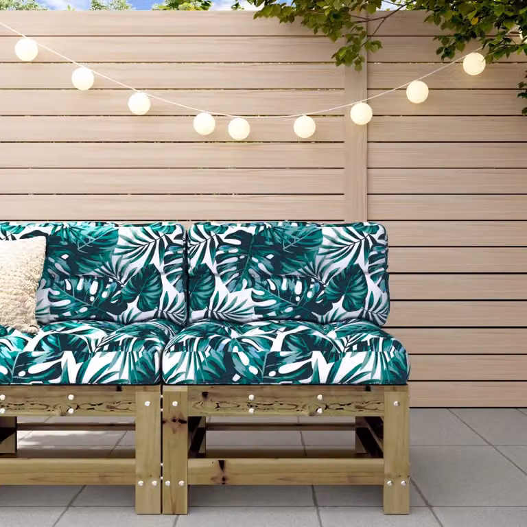vidaXL Divano Centrale da Giardino in Legno di Pino Impregnato, Stile Rustico, Colore Marrone e Verde con Cuscini Floreali