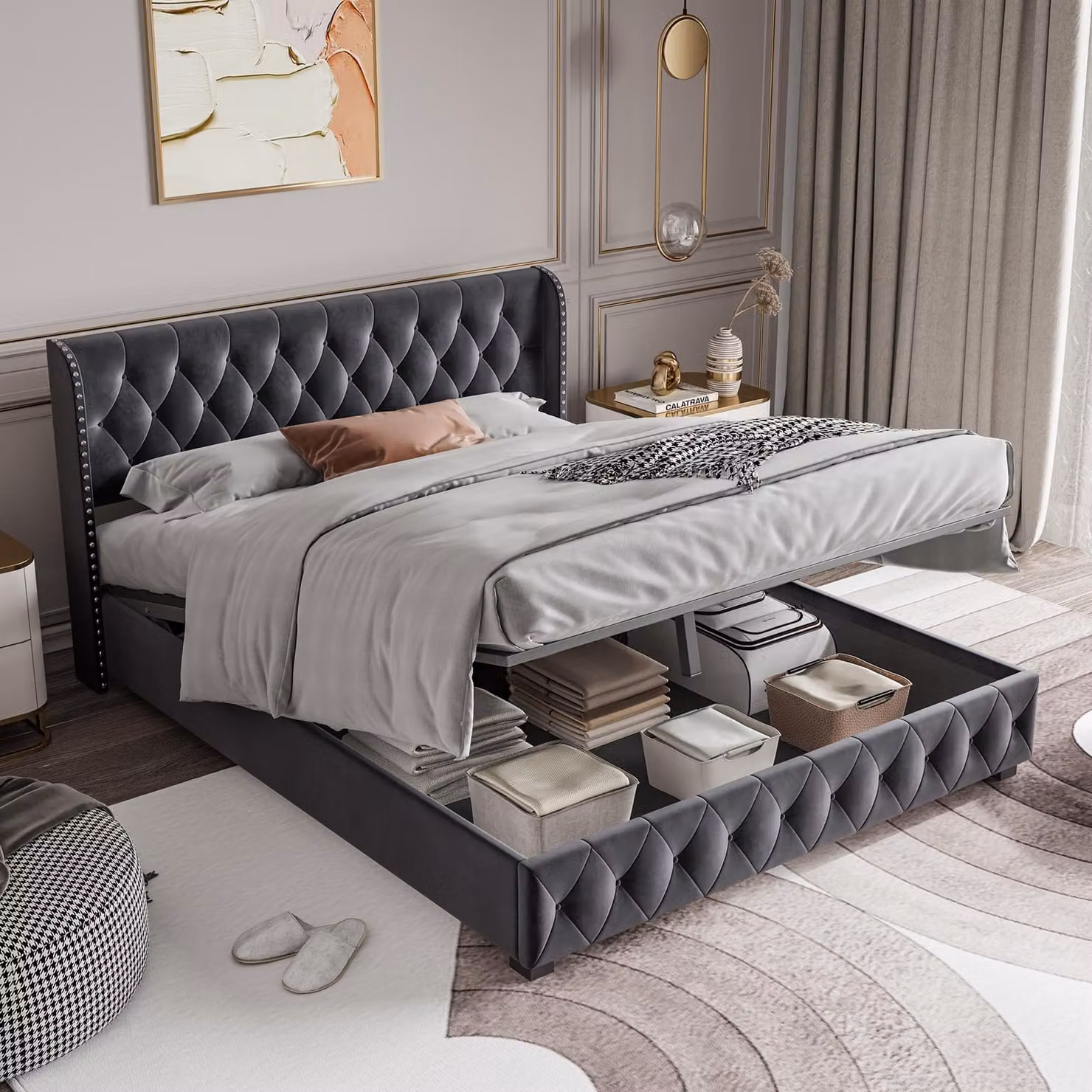 Letto imbottito 140x190 cm con spazio contenitore a sollevamento idraulico, rivestito in velluto, con rete a listelli, testiera Chesterfield, adatto per un materasso matrimoniale (capacità fino a 500 kg), colore grigio, senza materasso