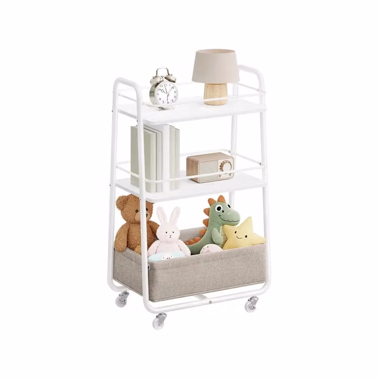 Carrello portaoggetti con cesto in tessuto e ruote, Bianco Nuvola+Marrone Cammello