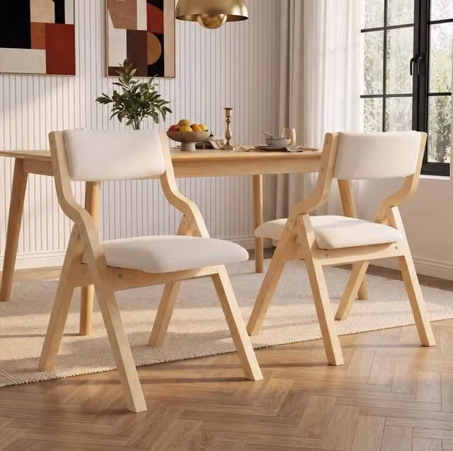 Set 2 sedie da pranzo pieghevoli ULEVR in legno massello e lino beige, imbottite, portata 120 kg