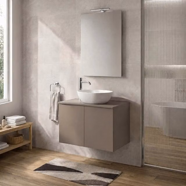 Mobile bagno sospeso Tierra INBAGNO color beige con due ante e ripiani interni L: 80 cm, P: 45 cm, H: 50 cm