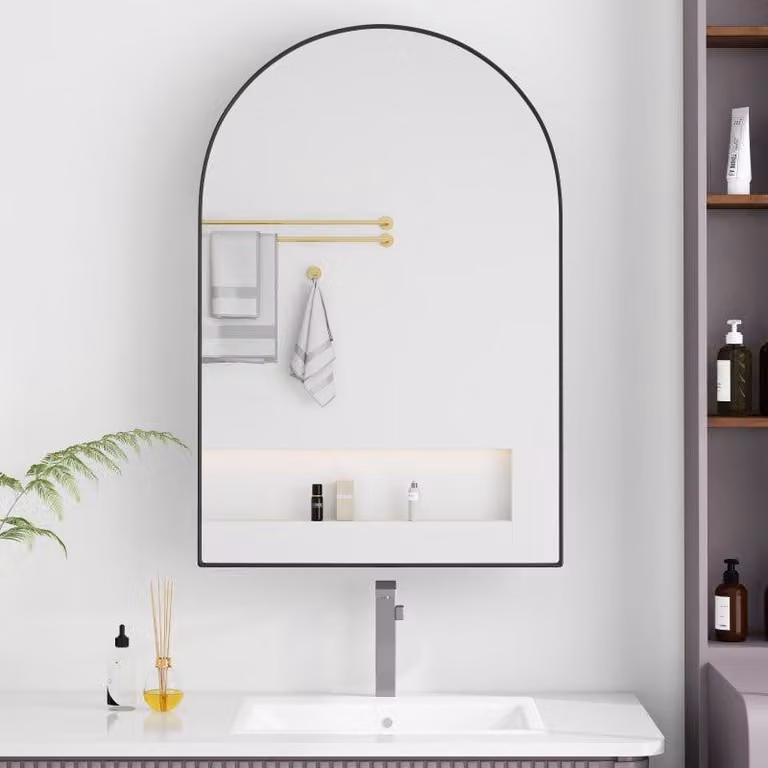 Specchio da parete moderno a forma di arco, mobiletto contenitore con ripiano, metallo nero, 91x61x12 cm