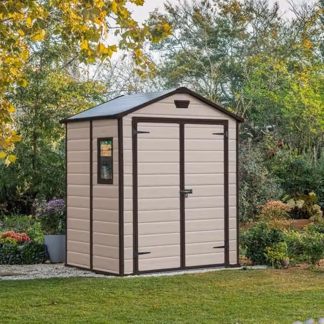 Casetta da giardino Cranbrook DMORA, capanno da esterno e ripostiglio per attrezzi in plastica con doppia porta e finestra, Beige, L 185 cm x P 152 cm x H 226 cm – 1