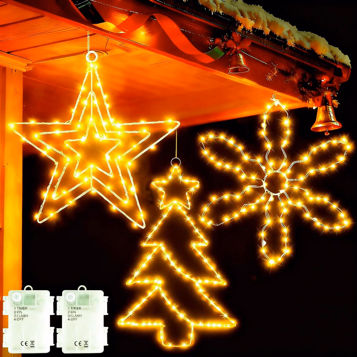 Set di 3 luci LED per finestre: stella, albero, fiocco di neve, con timer