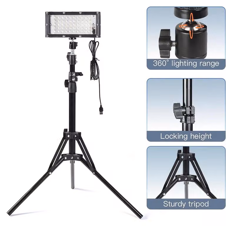 Lampada da lavoro a LED con stativo - Faretti USB - 3 colori di luce - 2700–6500 K - Altezza regolabile - Ideale per officina e garage