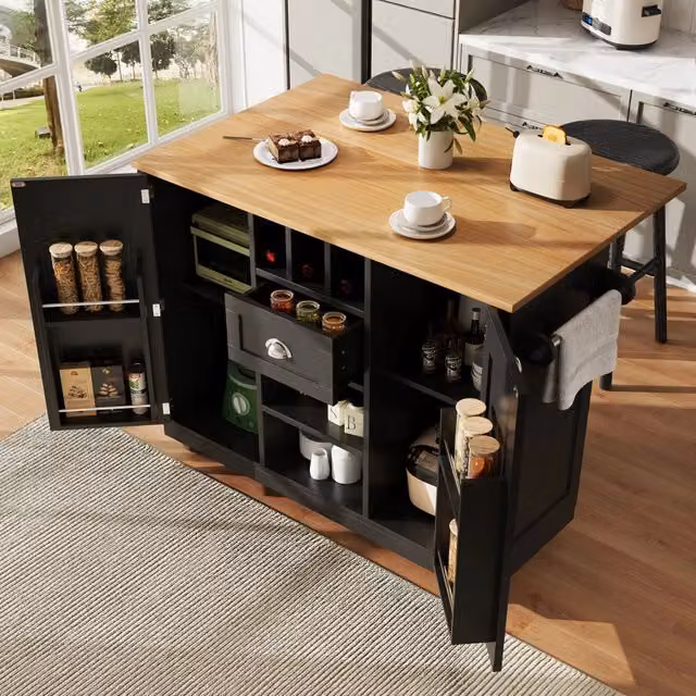 Carrello da cucina con piano ribaltabile, 2 ante, cassetto, portabottiglie e portasciugamani, nero, 140 × 40 × 93.5 cm