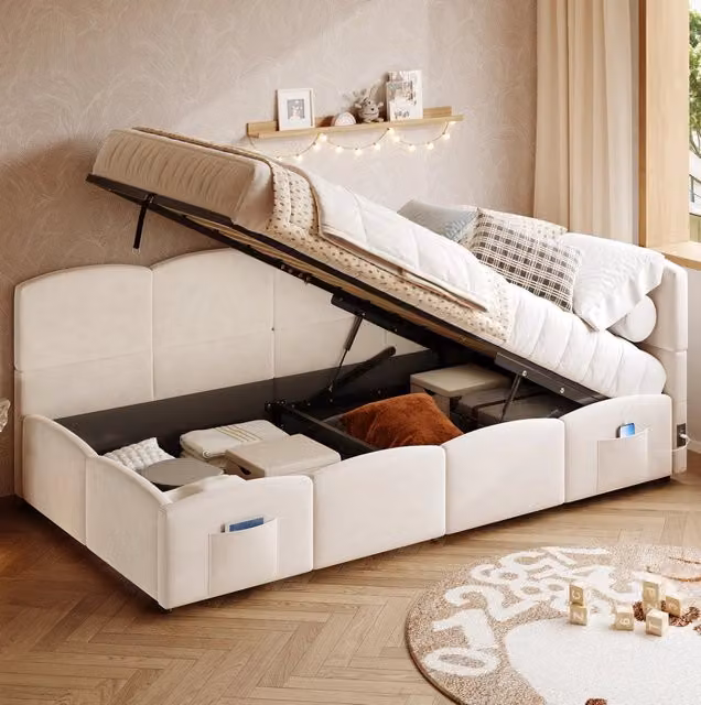Divano letto 90x200 cm con vano contenitore, USB-A e USB-C in velluto beige