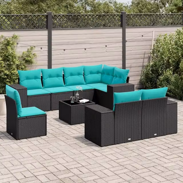 Set Divani da Giardino 9 pz con Cuscini Nero in Polyrattan 3222846