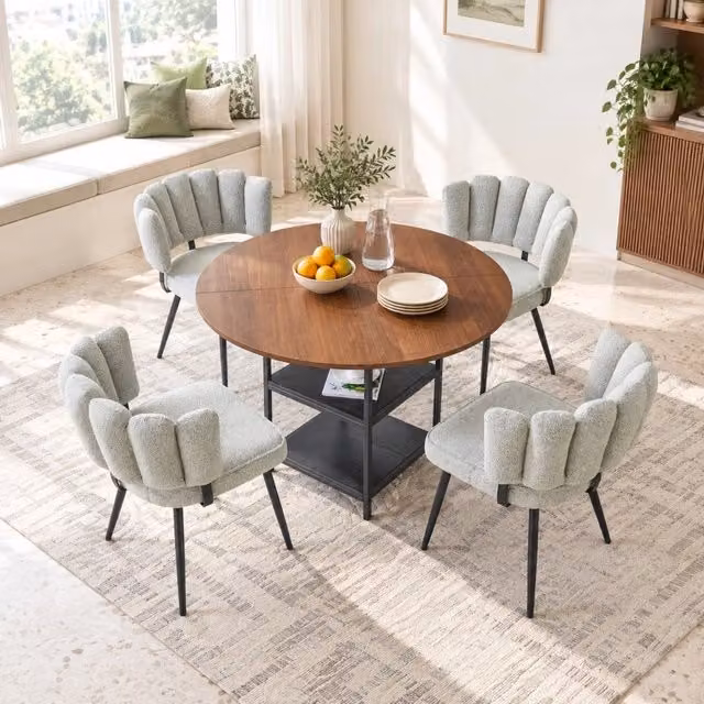 Set tavolo rotondo 107 cm con 4 sedie bouclé beige