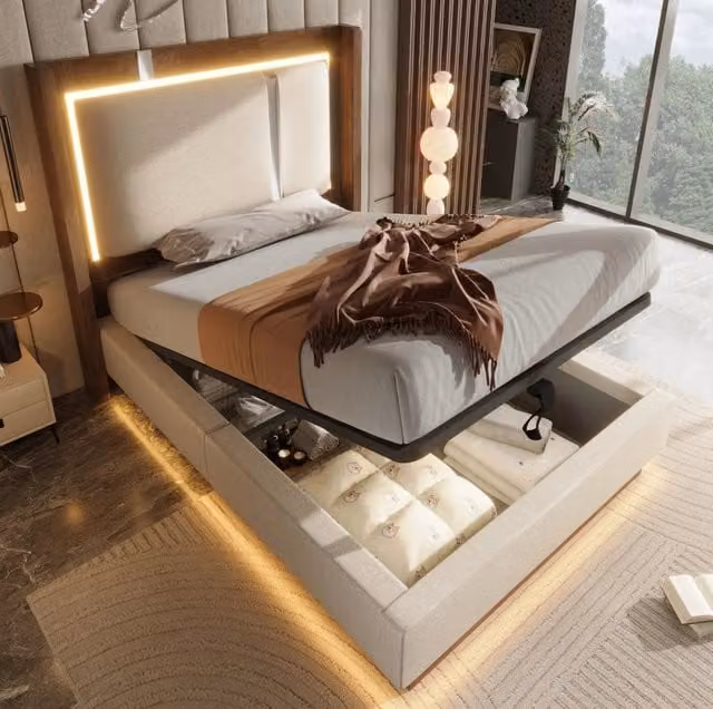 Letto imbottito ULEVR 90x200 cm con contenitore idraulico, LED e rete a doghe, beige e noce