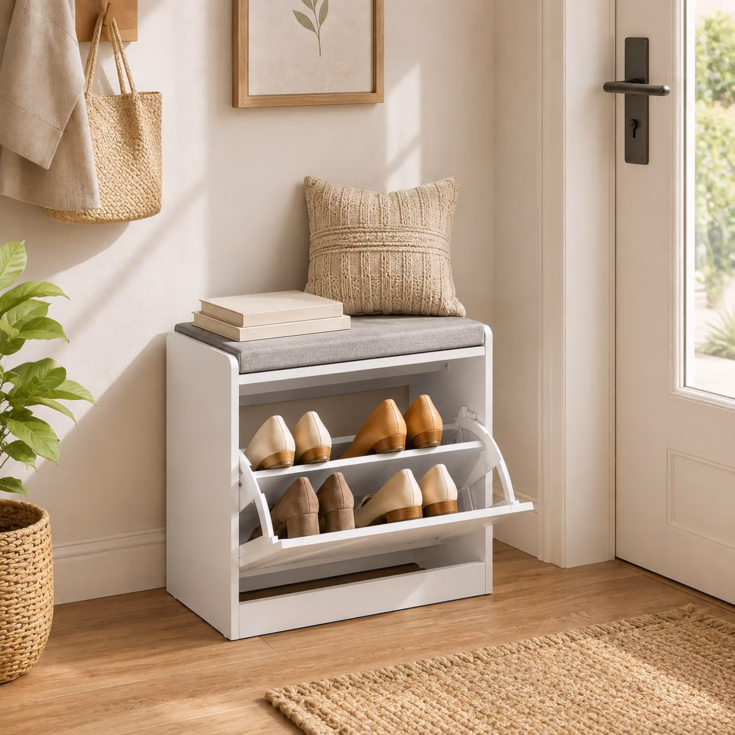 Panca Scarpiera HOMCOM con Cassetto a Ribalta, Bianco, L 60 x P 30 x H 52 cm – 2