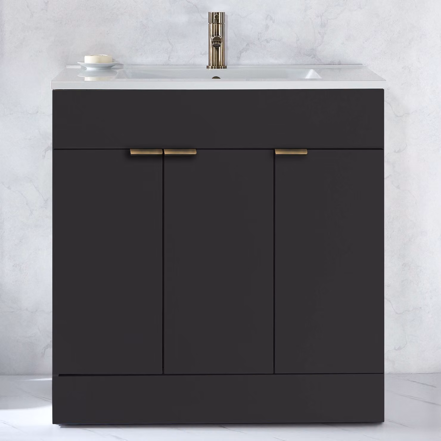 Mobile Bagno a Terra Grigio Nero da 810mm con Lavabo e Maniglie Nere con Impugnatura a Dito - Cluo
