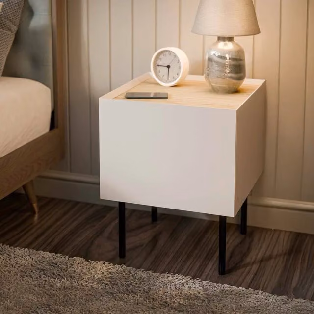 Set di 2 comodini Preci DMORA con cassetto e vano interno, finitura opaca beige e rovere, L 40 cm x P 41 cm x H 60 cm – 1