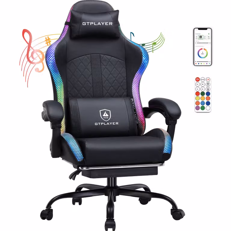 GTPLAYER Sedia da gioco con altoparlante e LED, sedia da ufficio sedia da gioco sedia da gioco, schienale con borsa portaoggetti sedia ergonomica per PC nero