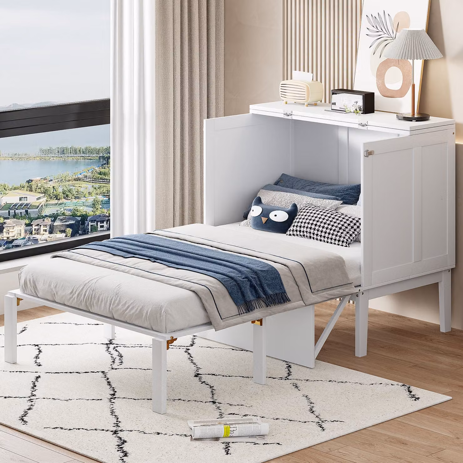 Flieks letto funzionale letto guardaroba 90x200cm con rete a doghe, letto singolo pieghevole letto giovanile letto a parete letto a scomparsa con rete a doghe, letto in legno bianco