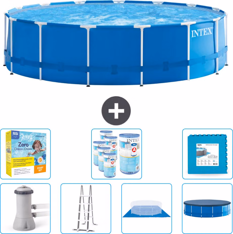 Piscina Intex con struttura rotonda - 457 x 122 cm - blu - compresa pompa - scala - telo di fondo - confezione di manutenzione della copertura - filtro - piastrelle per il pavimento