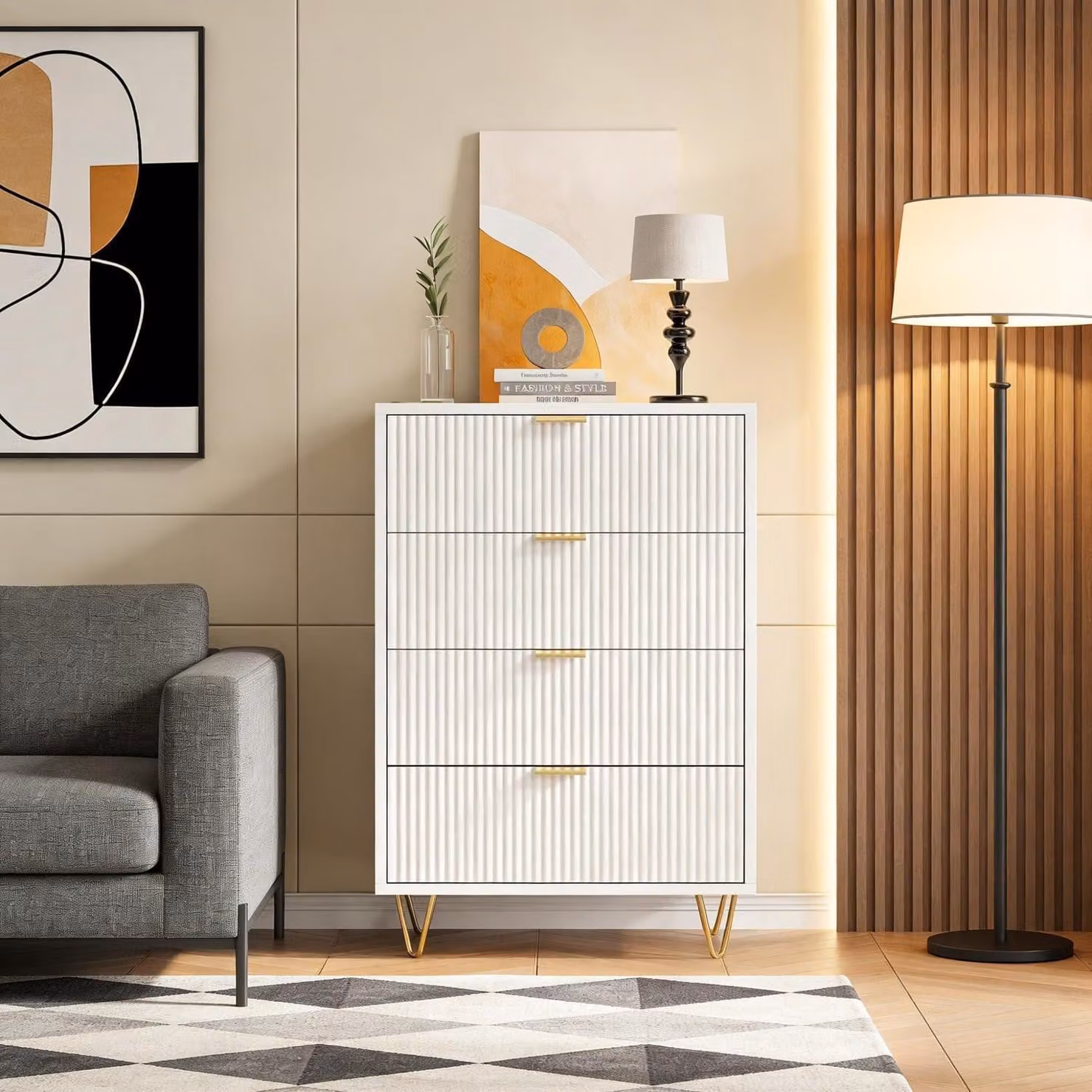 Comodino con 4 cassetti, bianco, 60 x 34 x 91 cm