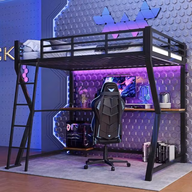 Letto a castello nero in metallo con funzione led e scrivania 90x200 cm