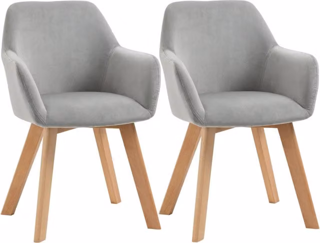 Set di 2 sedie da pranzo con braccioli e schienale in velluto grigio, gambe in legno, 54x57x80 cm