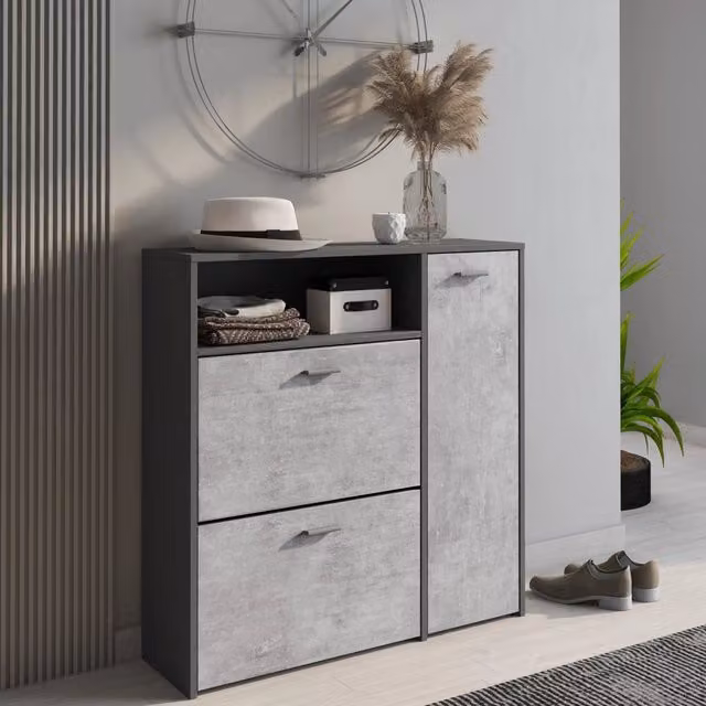 Scarpiera DMORA moderna con 3 ante e ripiani interni, armadietto porta scarpe per ingresso, Antracite e Grigio, L: 91 cm, P: 26,6 cm, H: 94 cm – 1