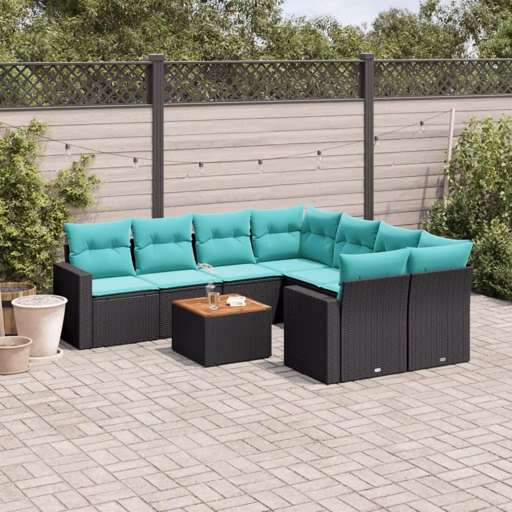 Set di divani da giardino vidaXL 9 pz in polyrattan nero con cuscini e tavolino da esterno a forma di L