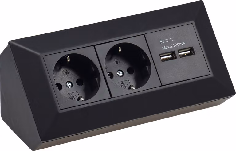 ChiliTec blocco prese a 2 vie + 2x USB nero 250V AC / 16A montaggio a superficie Nuova versione