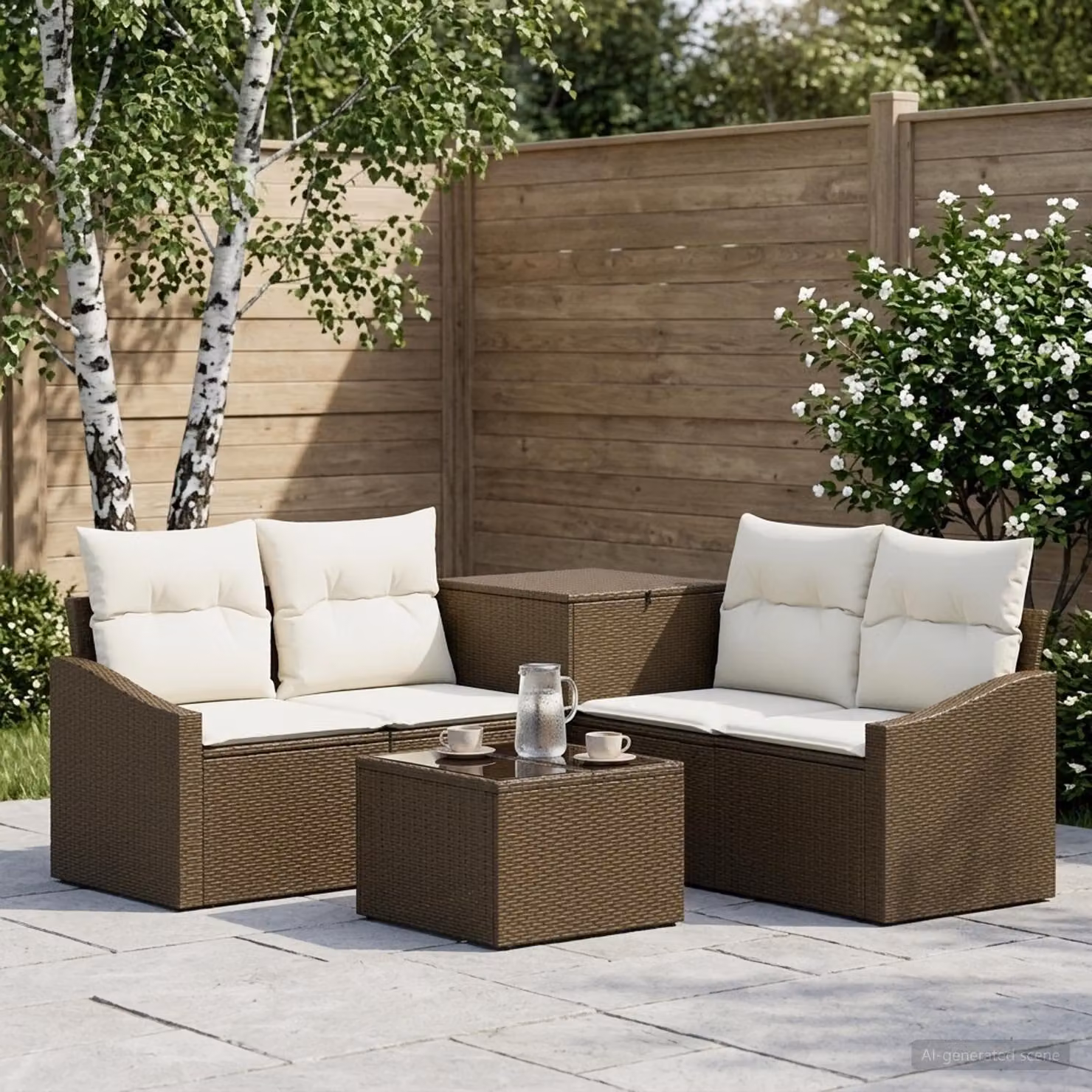 Set di divani da giardino vidaXL in polyrattan marrone e bianco crema con tavolo da caffè e cuscini inclusi