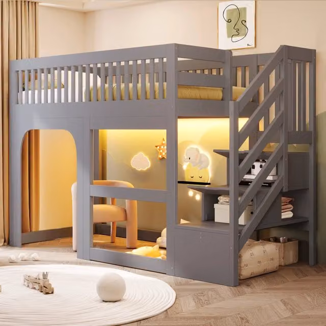 Letto a soppalco per bambini 90 × 200 cm con scala contenitore, illuminazione LED e barriere, senza materasso, grigio
