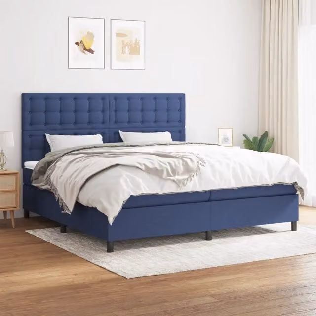 Letto Ibrido vidaXL con Giroletto a Molle e Materasso in Tessuto Blu e Bianco L/P/H: 200 x 200 x 128 cm