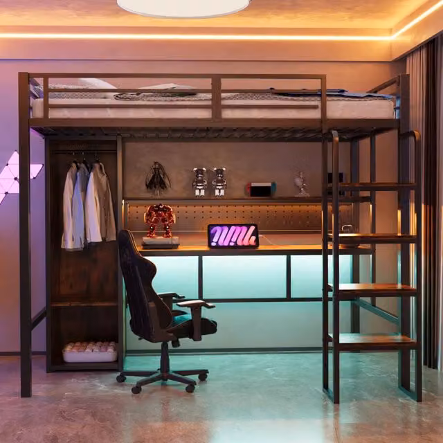 Letto a soppalco 90 x 200 cm in metallo con scrivania integrata; armadio; LED multicolori e scaffale; nero